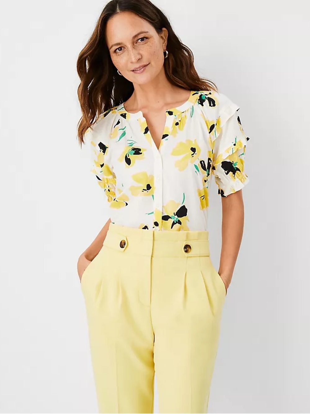 Ann Taylor Yellow Floral Puff-Sleeve Button Front Top Size XL